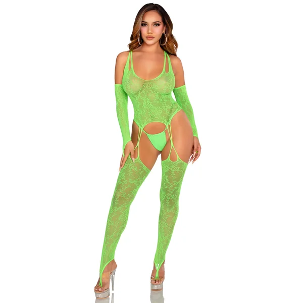 2 Pc Lace Halter Footless Cami Garter With Attached Toe Loop Stockings O/s - Neon Green