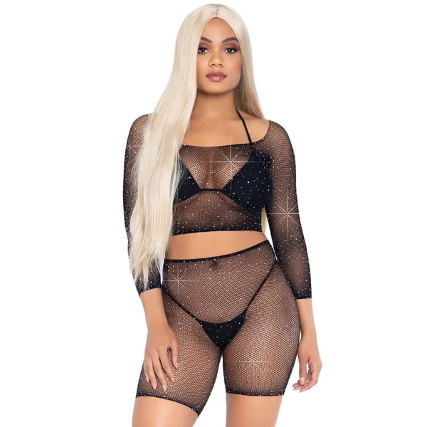 2 Pc Rhinestone Fishnet Crop Top and Biker Shorts - Black - One Size
