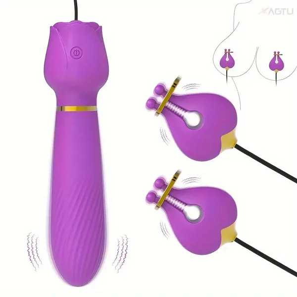 2in1 Nipple Clamps Vibration Rose Toy Dual-Peak Clamps G-Spot Stimulator