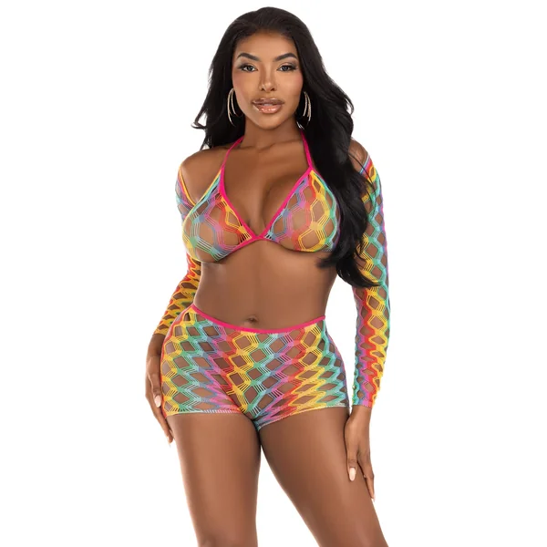 3 Pc Net Bra Top With Shrug and Boy Shorts - One Size - Multicolor