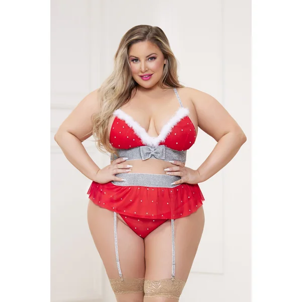 3 Pc Rhinestone Stud Bra With Marabou Trim and Garter Belt With Mesh Thong - Queen - Red