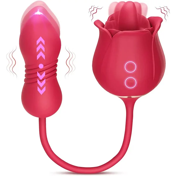 3in1 Rose Dildo Sex Toy For Women With 9 Tongue Licking & Thrusting Modes