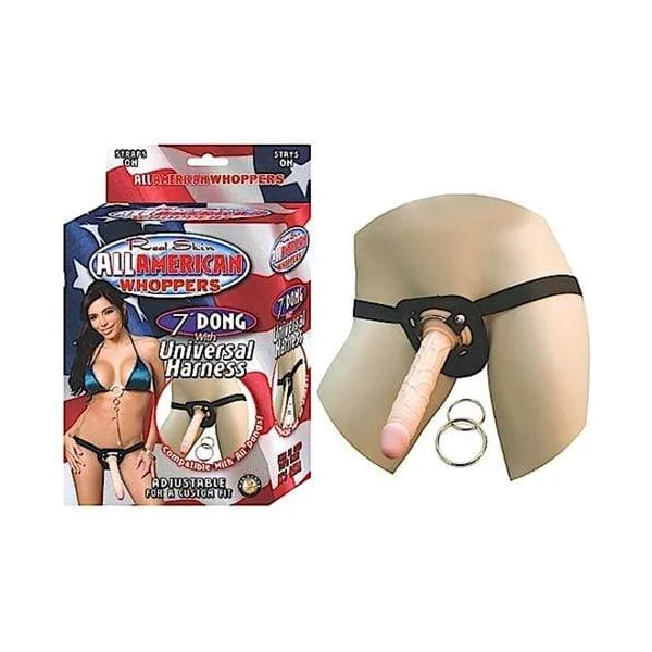 All American Whoppers 7-Inch Dong With Universal Harness-Flesh