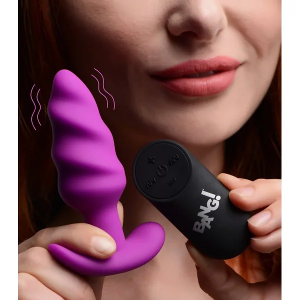 BANG! 21X VIBRATING SILICONE SWIRL BUTT PLUG W/ REMOTE PURPLE