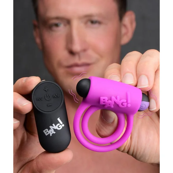 BANG! SILICONE COCK RING & BULLET W/ REMOTE PURPLE