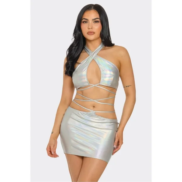 Bear Dance-Metallic Halter Top And Skirt Set*