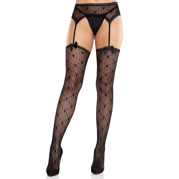 Black Heart Lace Trimmed Heart Net Stockings - Stockings - With Garter Belt - Os