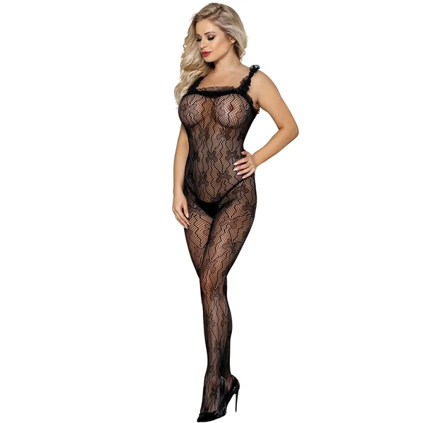 Black Open-crotch Floral Bodystocking with Ruffles by My Secret Drawer®