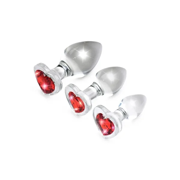 Booty Sparks Red Heart Gem Glass Plug Set 3pc – S/M/L – Red/Clear