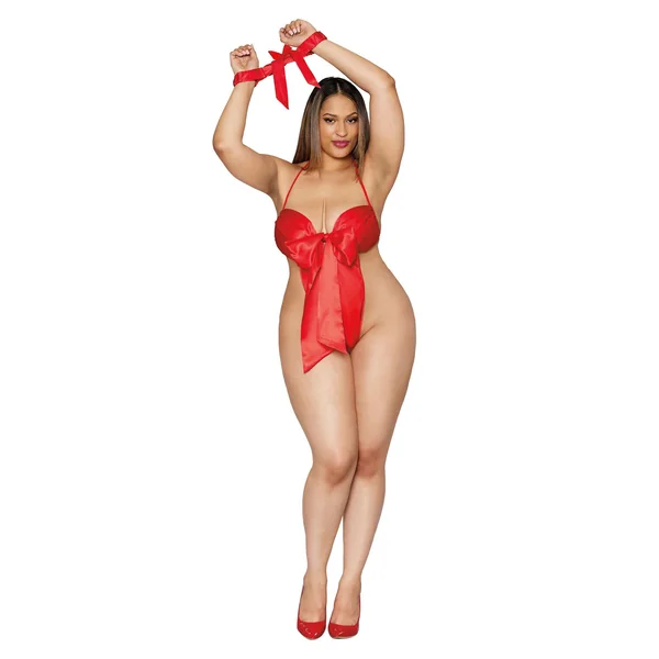 Bow Tie Teddy With Restraint - Queen Size - Lipstick Red