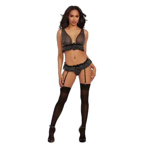 Bralette, Garter, and G-String - One Size - Metallic Black