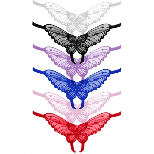 Butterfly Crotchless Panty With Pearl Accents - Assorted Colors - One Size