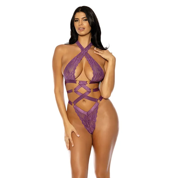 Camille Lace Halter Teddy with Lace Up Details - Purple L/XL