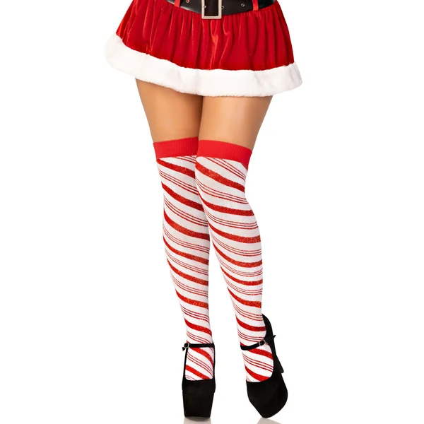 Candy Cane Lurex Striped Socks - Over the Knee - Os - White/red
