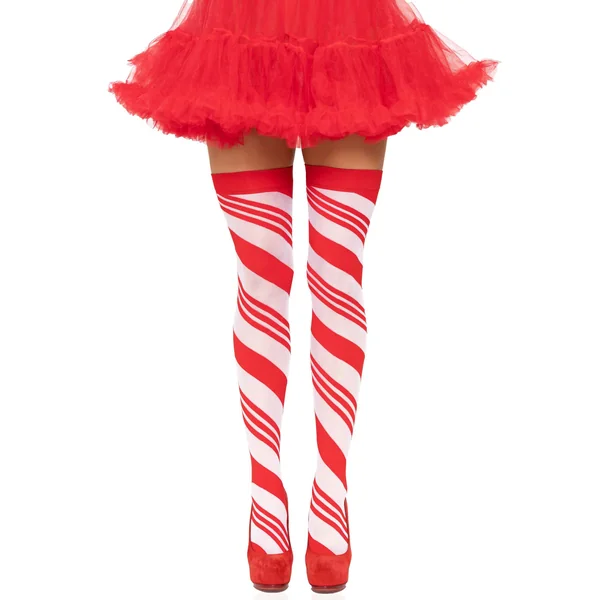 Candy Cane Thigh High - One Size - White/red