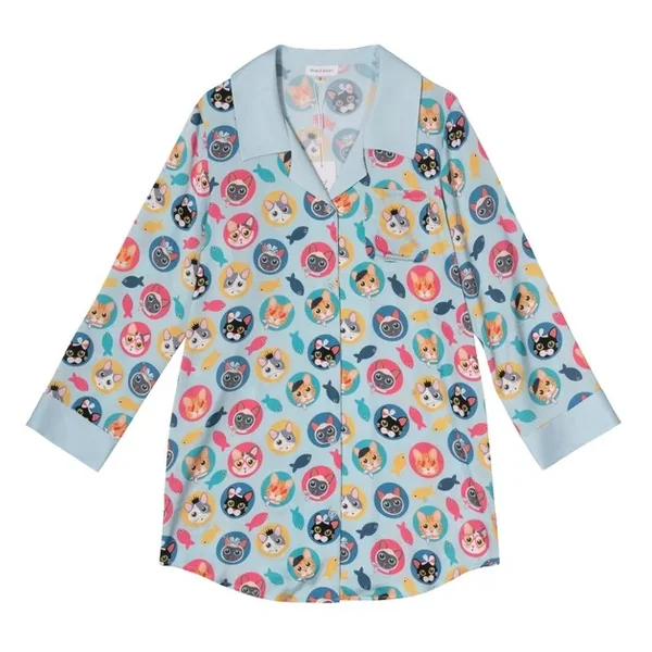 CAT PRINT BLUE SLEEP SHIRT