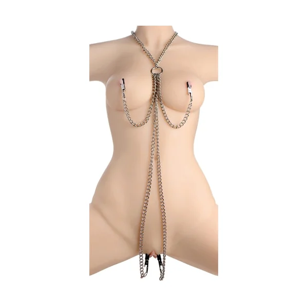 Chained Collar With Nipple and Clit Clamps - Silver