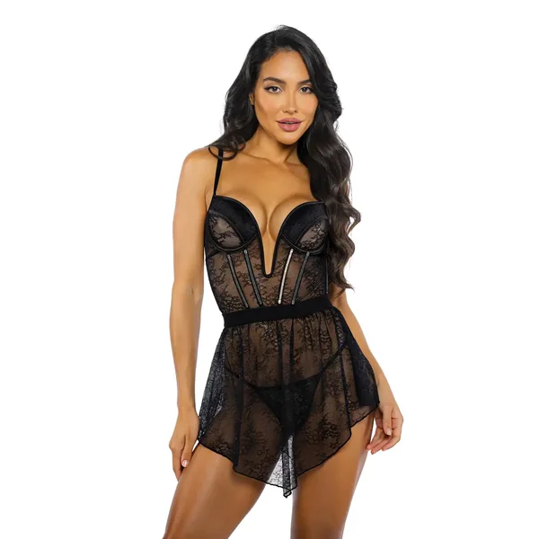 Chantilly Lace and Satin Garter Skirt 3 pc Set – Black XL