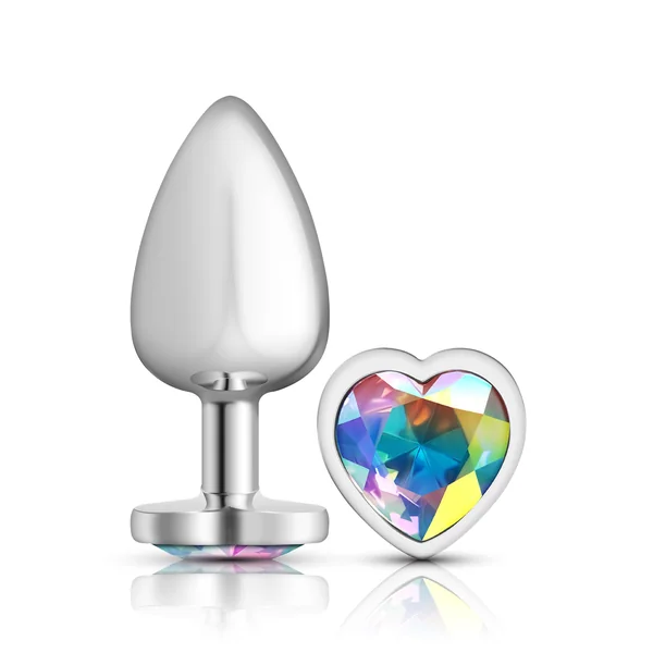 Clear Iridescent Heart Gem Silver Metal Plug - Lg