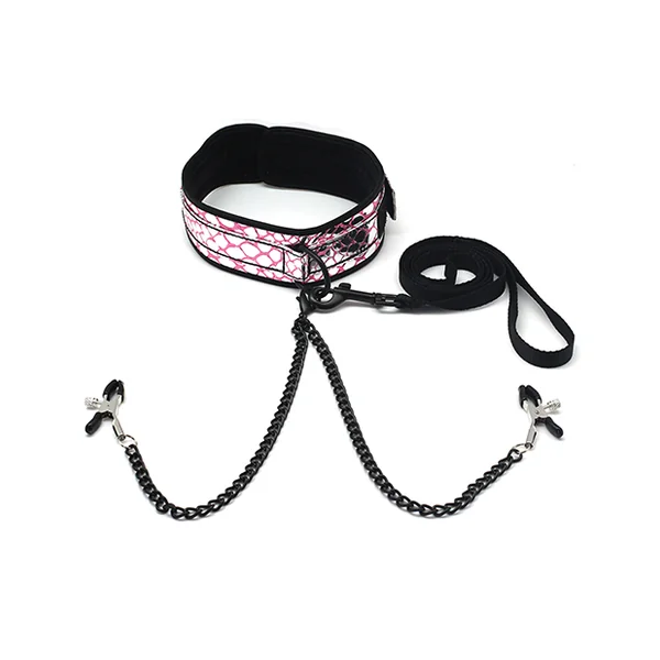 COLLAR W/ NIPPLE CLAMPS- FAUX LEATHER PINK
