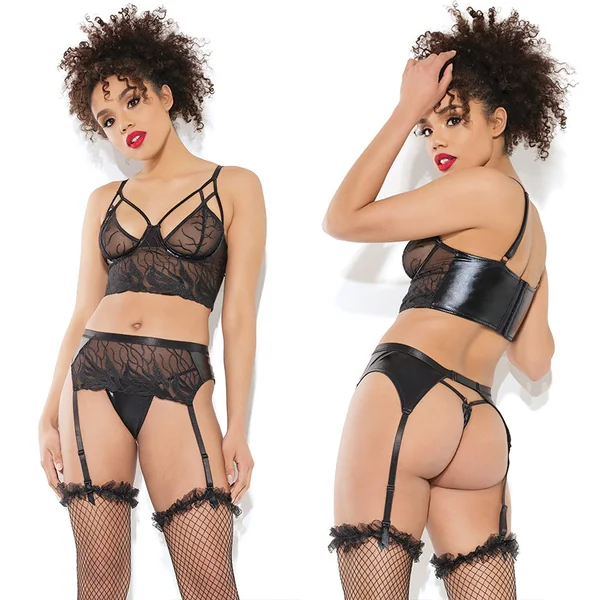 Coquette Longline Bra Garter Belt & G-String Set - Black XL