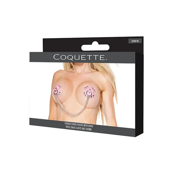 Darque Studded Cross Pasties with Chain Pink