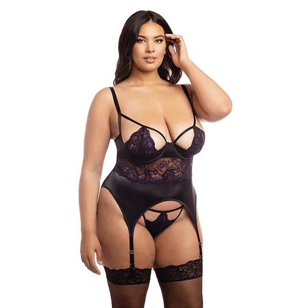 Demi Padded Shelf Cup Merrywidow W/overlay Lace & Panty Black/heliotrope 2x