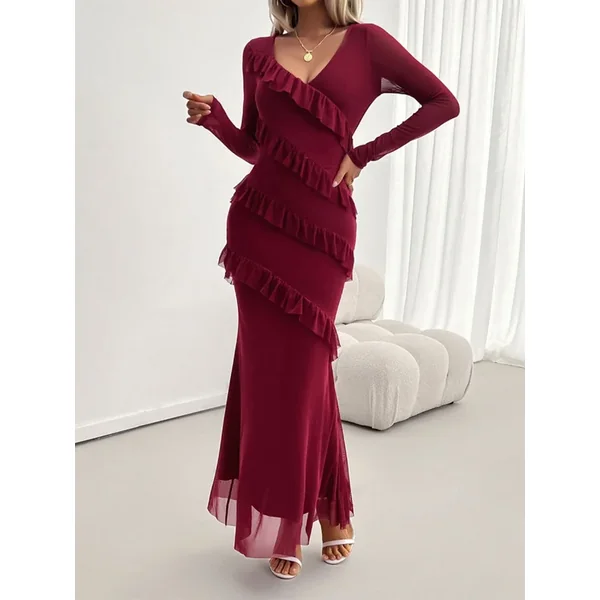 Devine Ruffled Surplice Long Sleeve Maxi Dress