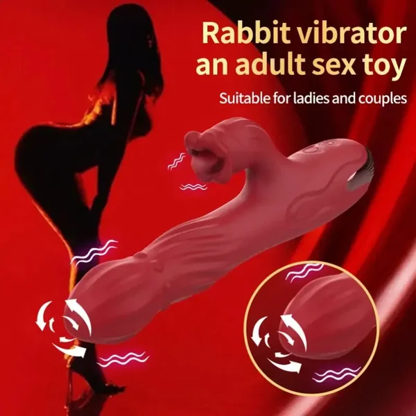 Double End Clit Tongue Lick Vibrating Dildo - 360° Rotating Rabbit Vibrator Handy Female Sex Toys