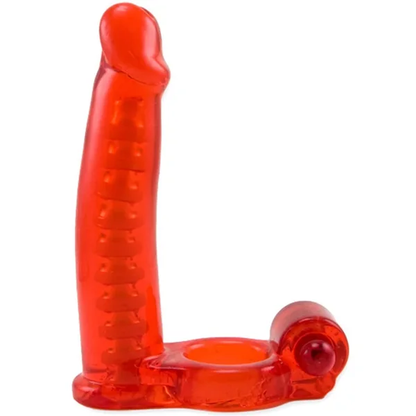 Double Penetrator Cock Ring With Bendable Dildo Red