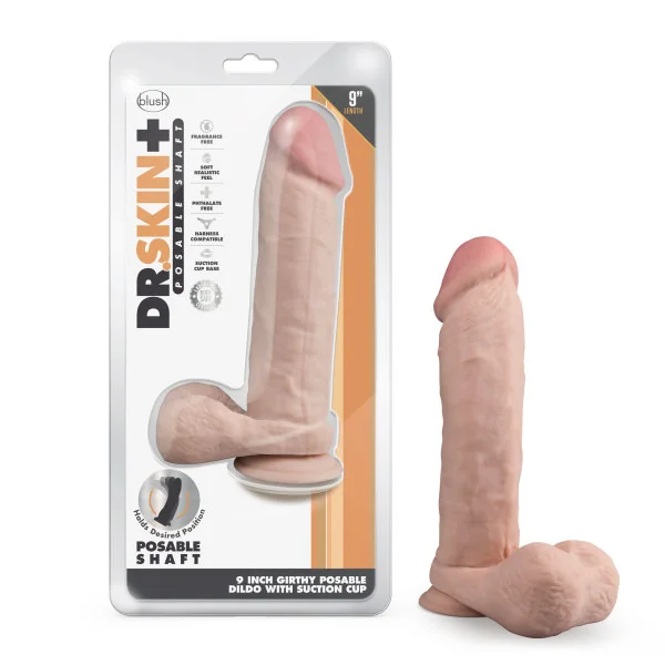 DR SKIN PLUS 9IN THICK POSABLE DILDO W/ BALLS VANILLA