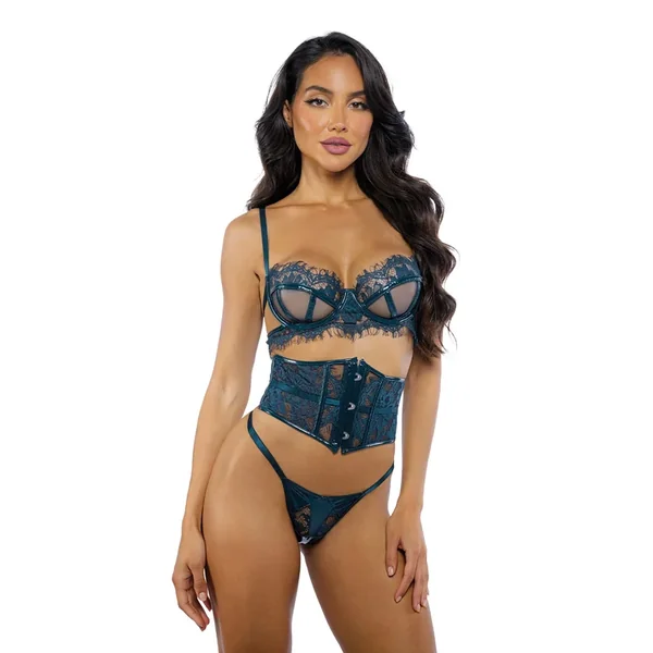 Eden Scalloped Eyelash Lace & Wet Look Waspie 3 pc Set – Teal