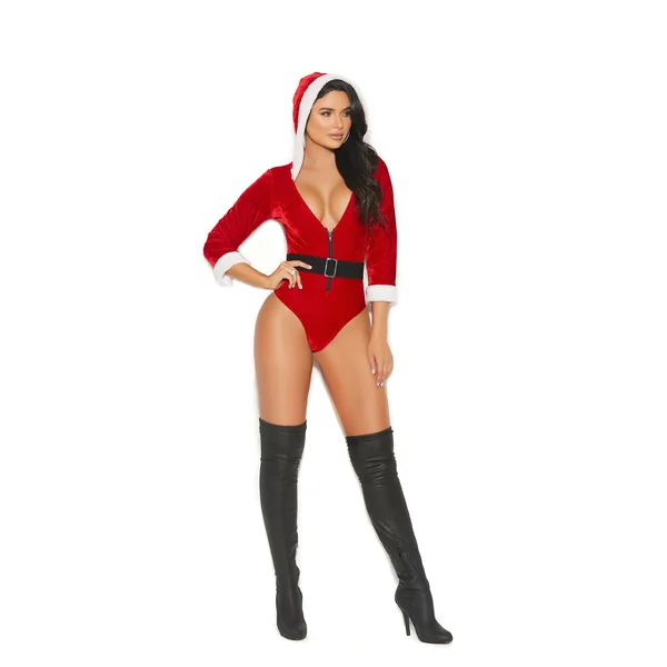 Elegant Moments Santas Tease - 2 Pc, Costume Includes Velvet Teddy With 3/4 Sleeves, Attached Hood And Detachable Elastic Belt