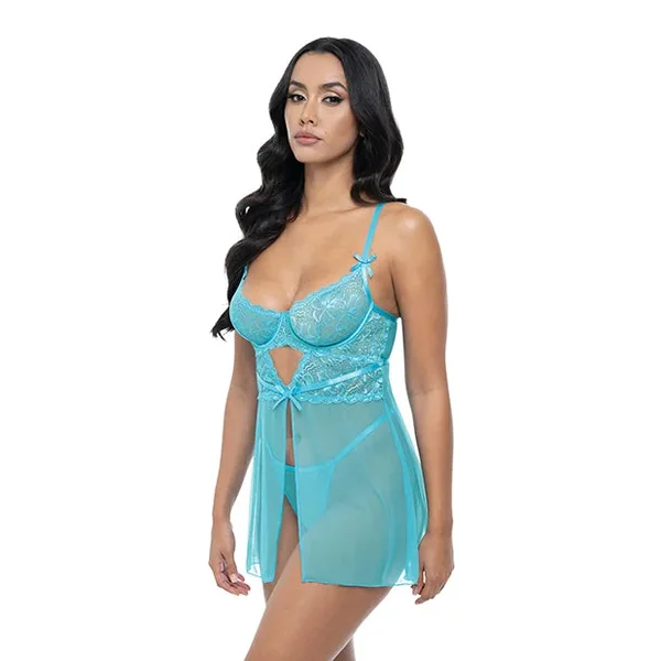 Emma Floral Lace & Mesh Underwire Babydoll w/G-String 2 pc Set – Beach Blue LG