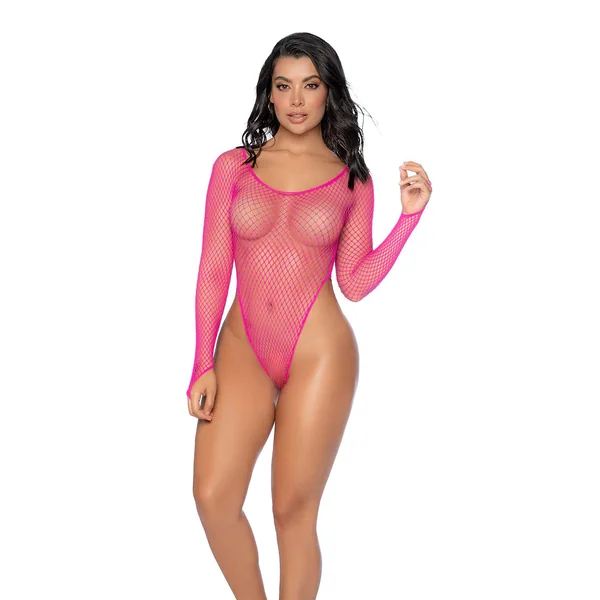 Essential Fishnet Long Sleeve Bodysuit - Os - Neon Pink