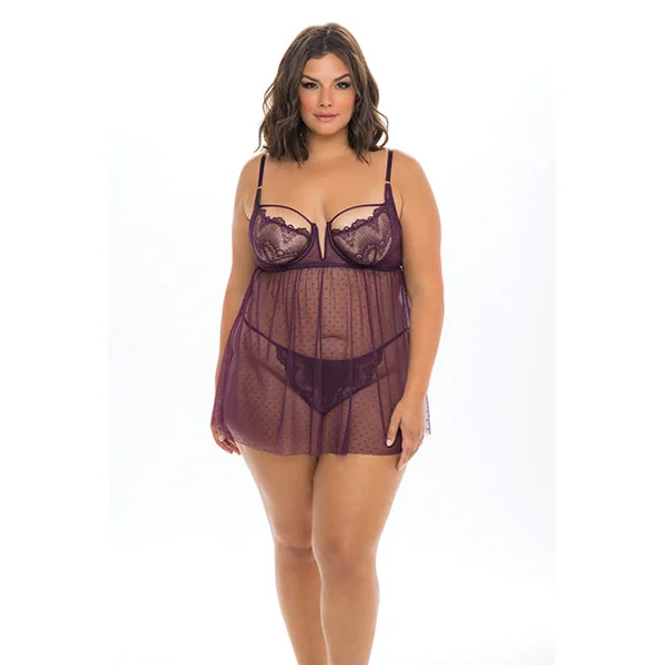 Eve Lace & Pin Dot Mesh Babydoll W/g-string Italian Plum