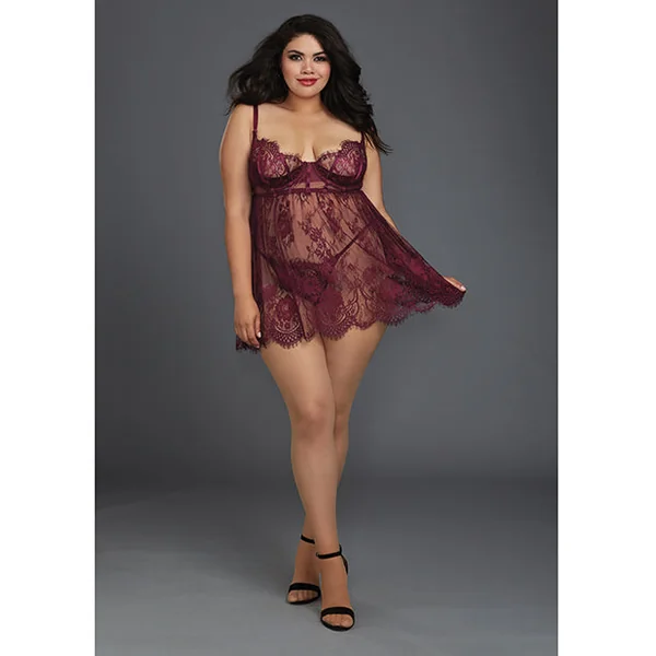 Eyelash Lace Babydoll W/underwire Cups & Lace Thong
