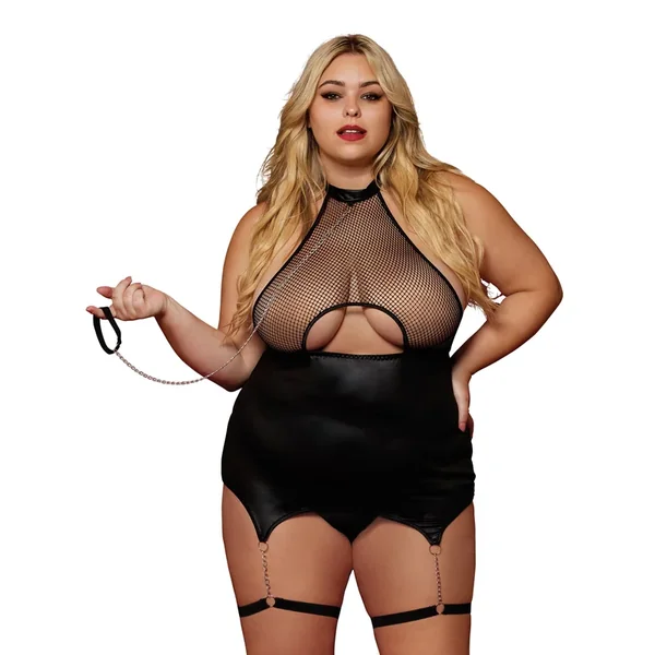 Faux-Leather and Fishnet Garter Slip & Leash Set