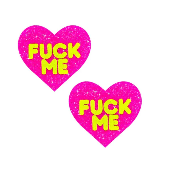 F*Ck Me Blacklight Neon Super Sparkle Nipple Cover Pasties Pink Glitter