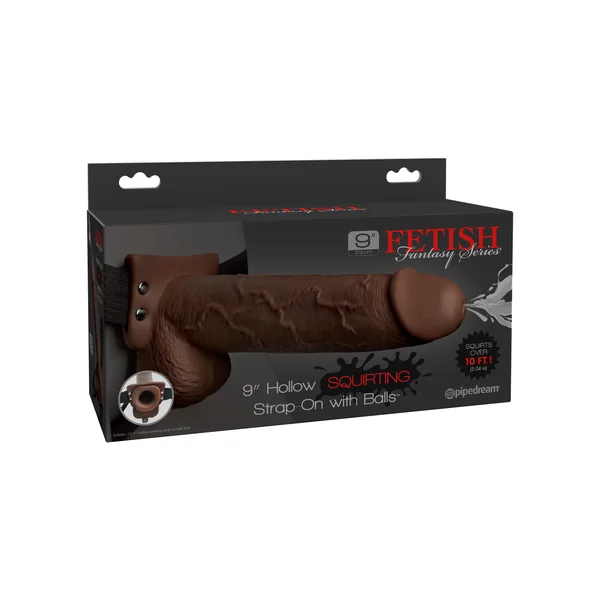 FETISH FANTASY 9 IN HOLLOW SQUIRTING STRAP-ON W/ BALLS BROWN