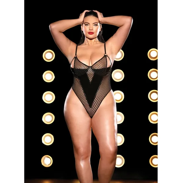 FETISH Frisky Fishnet & Vinyl Shelf Cup Peek A Boo Teddy Black 2X