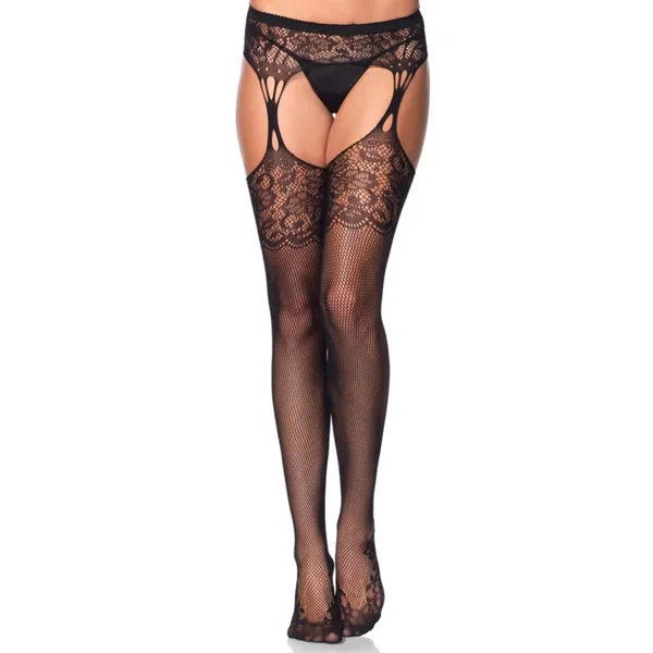 Fishnet Stockings with Garter Belt Black OS