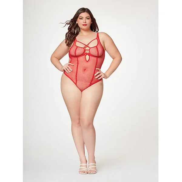 Fishnet Strappy High Cut Leg Teddy Red 3X/4X