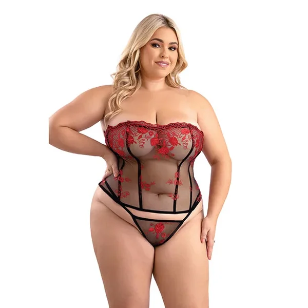 Floral Embroidered Mesh Corset w/G-String – Red/Black 1X/2X