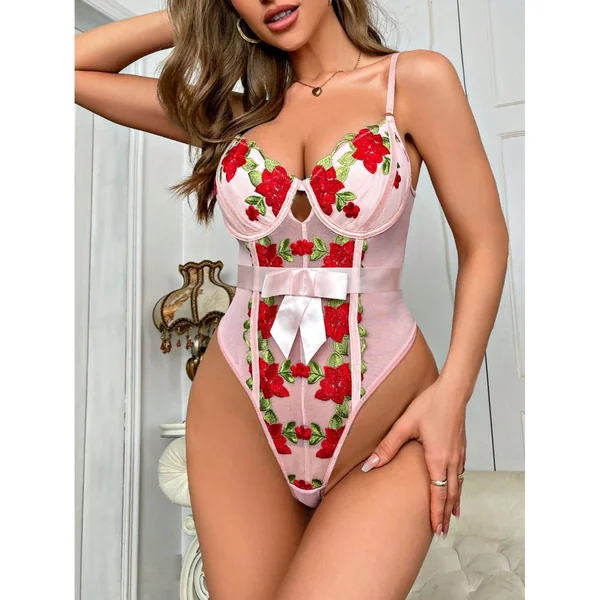 Floral Embroidery Mesh Bow Front Underwire Teddy Bodysuit