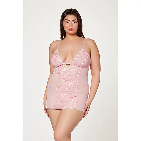 Floral Mesh Chemise & G-string Pink
