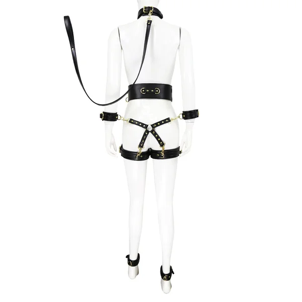 Full Body PU Leather Bondage Restraint Set with Collar, Leash, Cuffs & Harness - Adjustable Adult Play(Black)