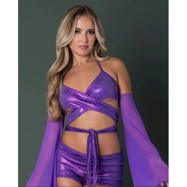 GLIMMER BRALETTE & SHORTS METALLIC PURPLE S/M