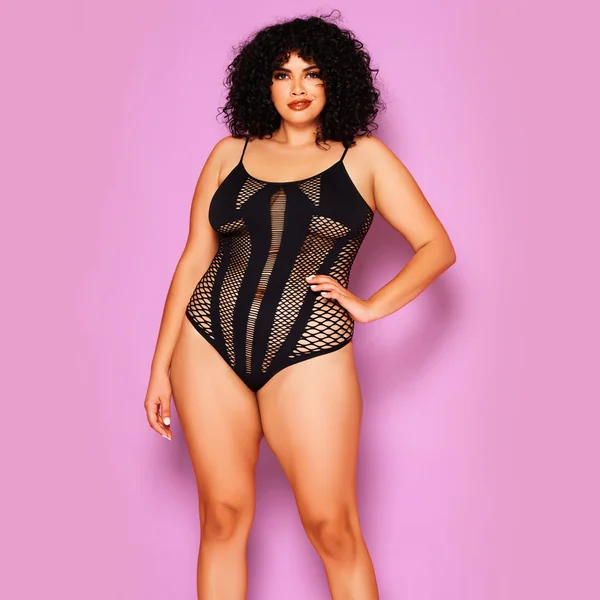Glitter Attention Lover Seamless Fishnet Panel Teddy - Curvy