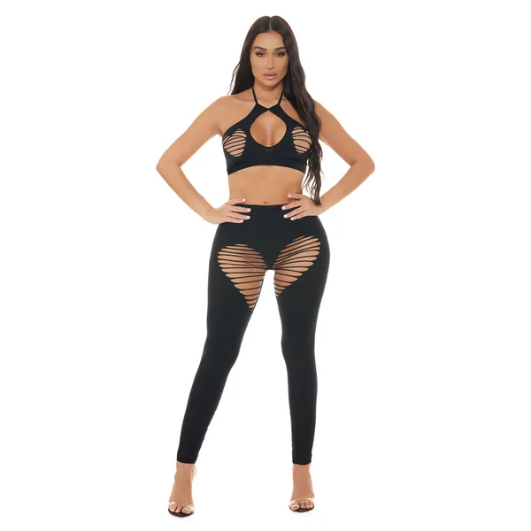 Heart Rate Halter Bra and Legging 2 Piece Set - Black - Os